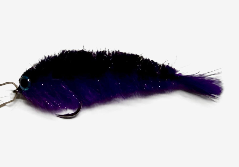 Black and Purple Chocklett's Finesse Changer articulated fly displaying a dark high-contrast predator profile for stained water fishing
