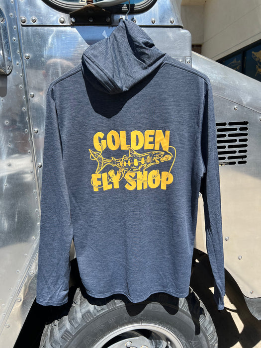 Back view of the Smolder Blue Patagonia Cap Cool Daily Hoody highlighting the custom gold text Golden Fly Shop graphic.