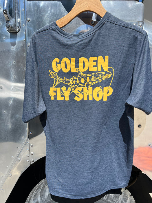 Smolder Blue Patagonia Capilene Cool Daily Shirt featuring the bold gold Golden Fly Shop text and fly graphic across the back.
