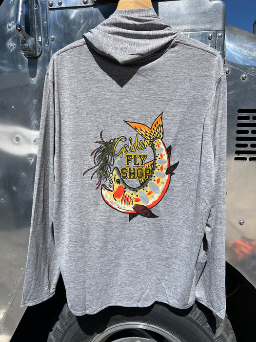 Back view of the Feather Grey Patagonia Cap Cool Daily Hoody showcasing the custom Golden Fly Shop Cutty Shark graphic.