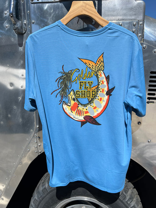 Back view of the Shore Blue Patagonia Cap Cool Daily Shirt highlighting the full color Cutty Shark streamer graphic.