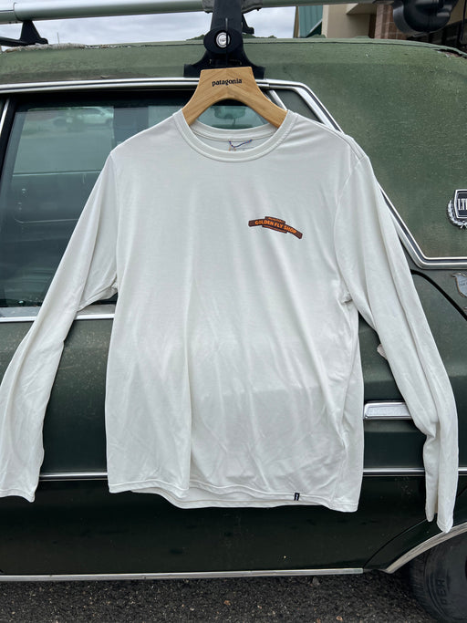 Dyno White Patagonia Long-Sleeve Capilene Cool Daily Shirt featuring the custom orange Golden Fly Shop logo on the left chest.