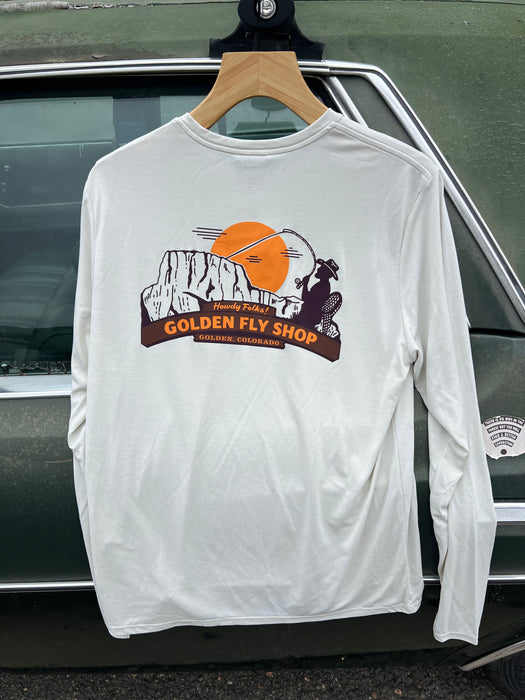 Back view of the Dyno White Patagonia L/S Cap Cool Shirt showcasing the historic Golden Colorado Howdy Folks welcome arch graphic.