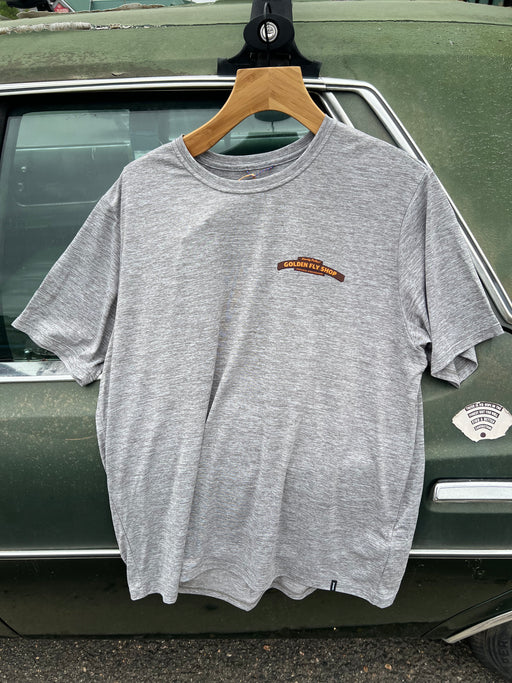 Feathered Grey Patagonia Cap Cool Daily Shirt showing the lightweight athletic fit and casual crewneck collar profile.