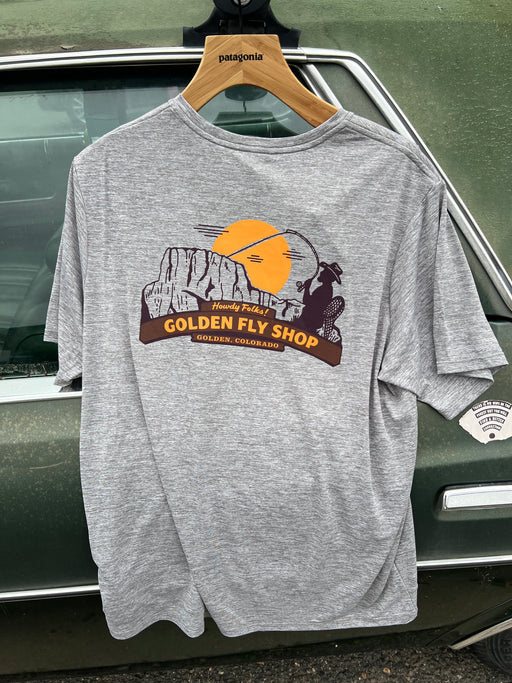 Back view of the Patagonia technical sun tee showcasing the historic Washington Avenue Welcome Archway graphic print.