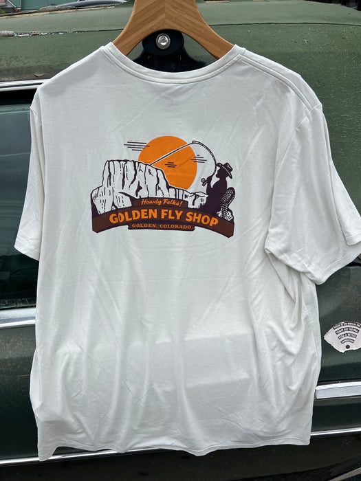 Back view of the Dyno White Patagonia Cap Cool Shirt highlighting the custom Golden Colorado Howdy Folks welcome arch graphic.