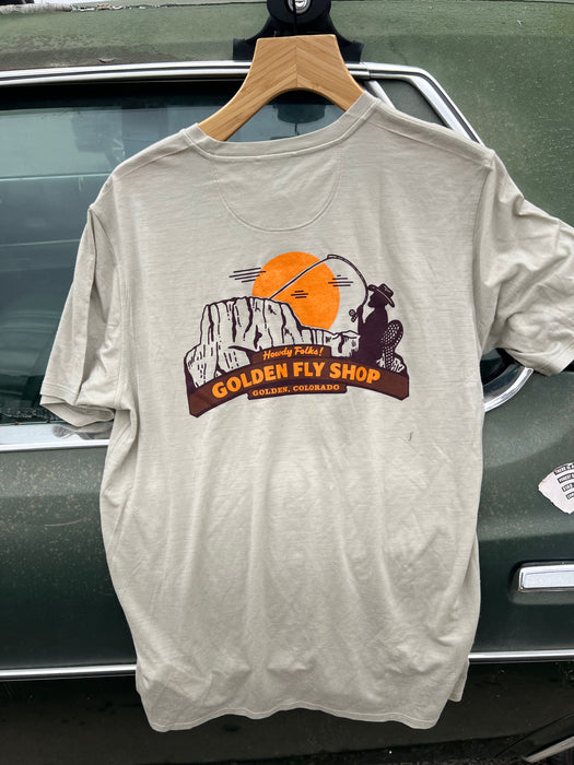 Back view of the Weathered Stone Patagonia Cap Cool Shirt highlighting the custom Golden Colorado Howdy Folks welcome arch graphic.
