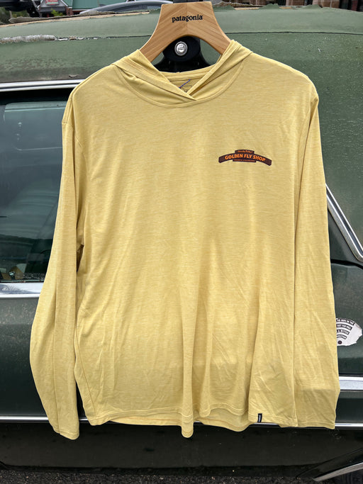 Front view of the Limestone Yellow Patagonia Cap Cool Hoody highlighting the custom Golden Colorado Howdy Folks welcome sign graphic.