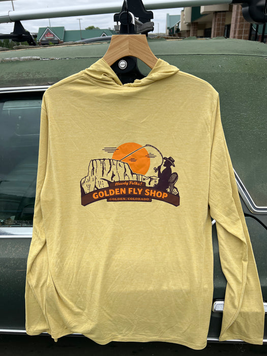 Detailed view of the custom mountain lifestyle and fly fishing graphic on the back of the Patagonia technical sun hoody.