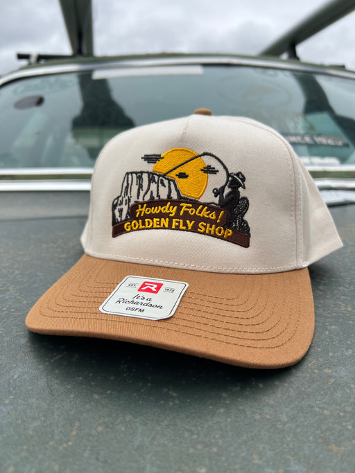 Front view of the biscuit and tobacco Richardson 112 Golden Fly Shop Howdy Folks Hat featuring the custom embroidered patch.