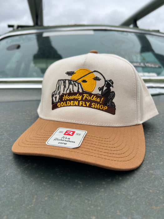 Front view of the biscuit and tobacco Richardson 112 Golden Fly Shop Howdy Folks Hat featuring the custom embroidered patch.