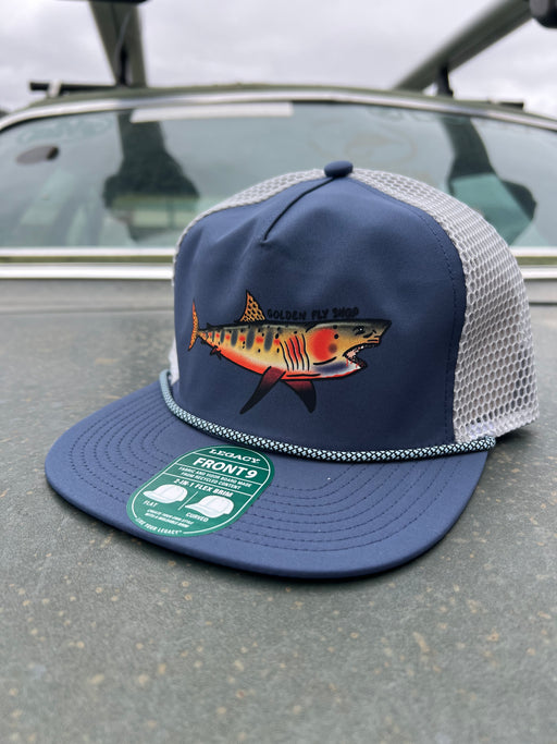 Golden Fly Shop Cutty Shark Hat Sea Blue Silver 2026 edition structured Legacy Front 9 performance cap with a custom embroidered cutthroat trout illustration