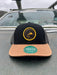 Golden Fly Shop Youth Trucker Hat Black Caramel Dark Grey 2026 edition mesh snapback cap featuring a circular gold embroidered fly silhouette logo patch