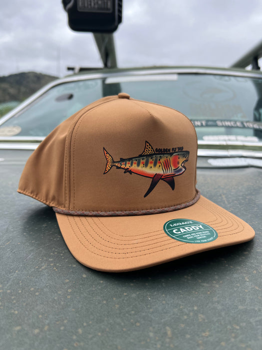 Golden Fly Shop Cutty Shark Hat Camelback Coffee Camo Rope 2026 edition Legacy Caddy performance hat featuring a custom embroidered cutthroat trout patch