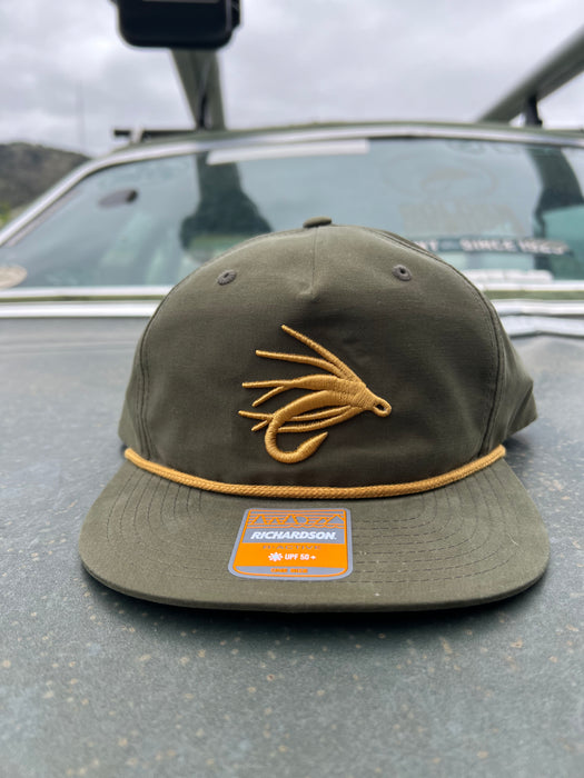 Golden Fly Shop Simple Logo Hat Loden Gold 2026 edition structured Richardson R-Active rope hat featuring a large gold embroidered fly silhouette logo