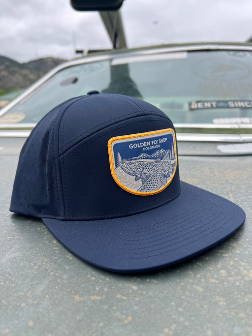 Golden Fly Shop Hat Underwood Solid Navy 2026 edition 7-panel performance cap with laser-perforated mesh and a custom embroidered trout illustration patch