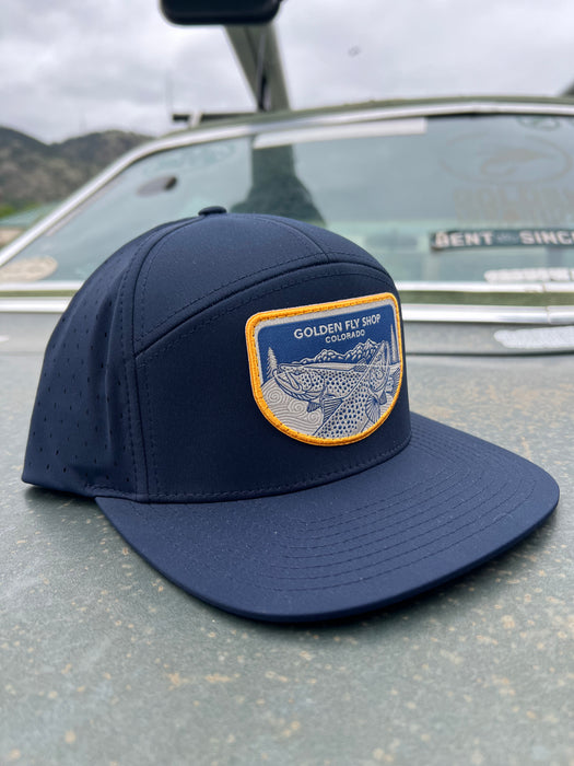 Golden Fly Shop Hat Underwood Solid Navy 2026 edition 7-panel performance cap with laser-perforated mesh and a custom embroidered trout illustration patch