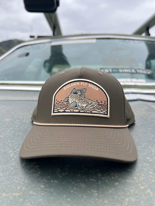 Dark Loden variant of the Golden Fly Shop Underwood Brown Trout Hat 2026 showing an olive green crown, tan accent rope, and large illustrated brown trout patch