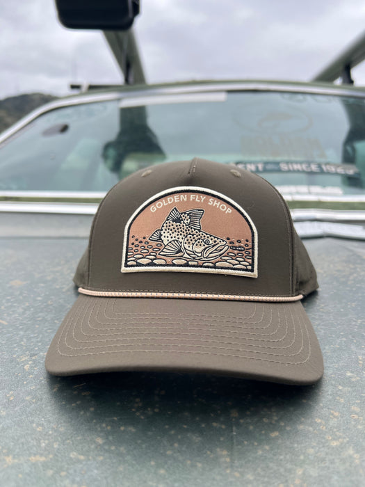 Dark Loden variant of the Golden Fly Shop Underwood Brown Trout Hat 2026 showing an olive green crown, tan accent rope, and large illustrated brown trout patch