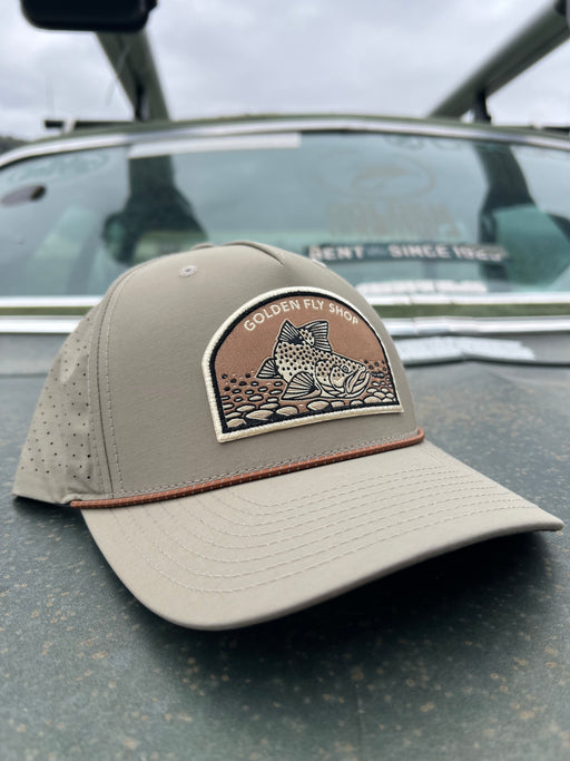 Solid Trenchcoat variant of the Golden Fly Shop Underwood Brown Trout Hat 2026 showcasing a tan khaki crown, matching mesh back, and large illustrated brown trout patch