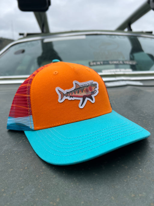 Golden Fly Shop Cutty Shark Youth Trucker Hat 2026 edition in bright orange and teal with an embroidered cutthroat trout patch