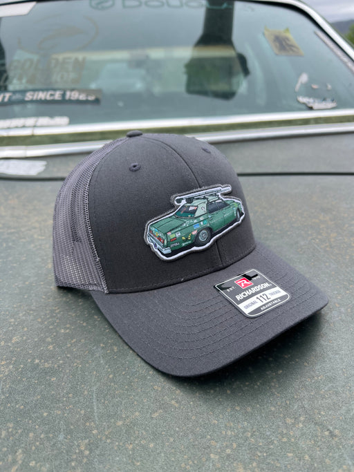 Front view of Golden Fly Shop Bonnie Trucker hat based off Richardson 112 blank.