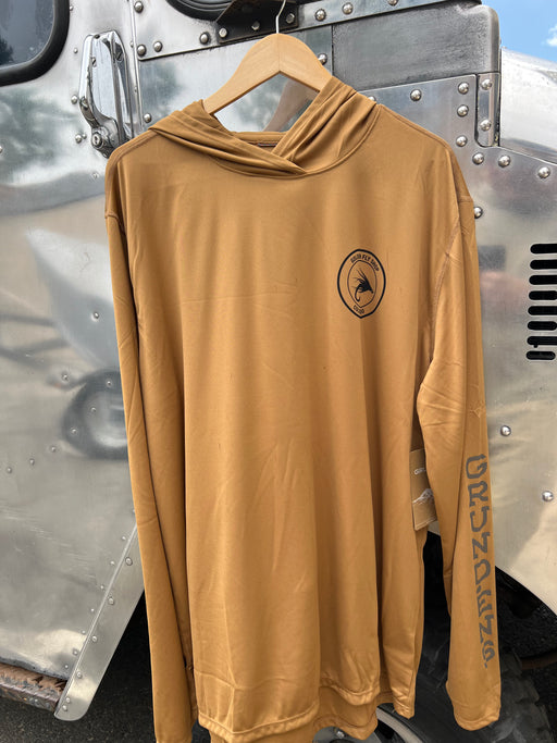 Whiskey tan brown Grundens Tough Sun Hoodie showing the interlocking knit fabric and cross-over hood profile.