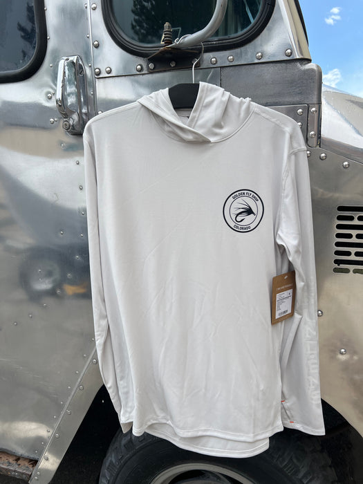 Oyster off-white Grundens Tough Sun Hoodie hanging up, featuring the circular Golden Fly Shop Colorado logo patch.