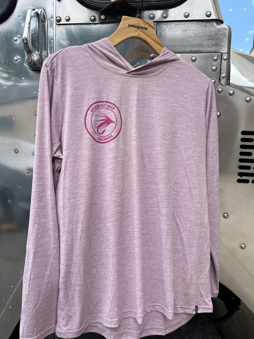 Quiet Violet pink Patagonia Women's Capilene Cool Daily Hoody displaying the clean front layout and integrated sun hood