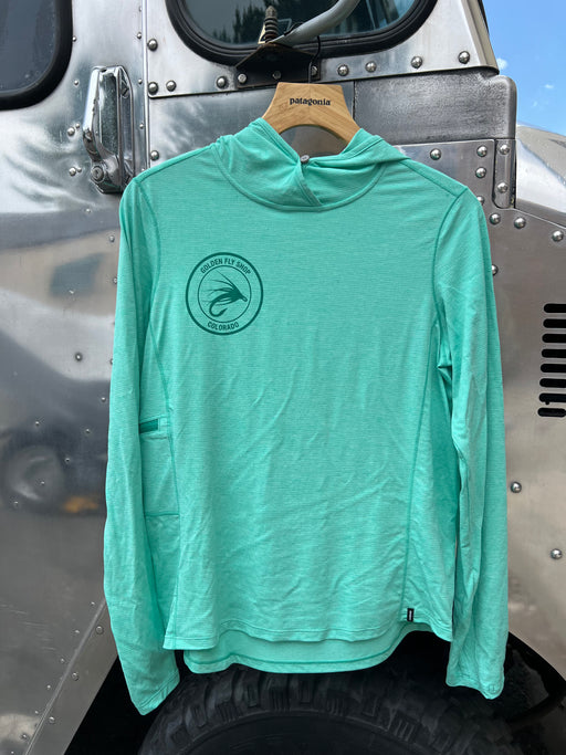 Aqua Stone teal Patagonia Women's Capilene Cool Sun Hoody featuring the circular Golden Fly Shop Colorado logo patch.