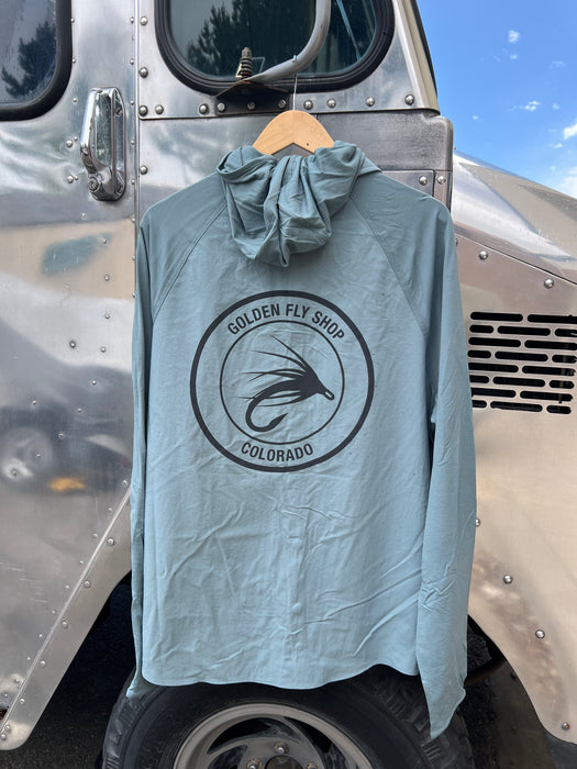 Blue Sage Patagonia River Rambler Hybrid Sun Hoody highlighting the custom Golden Fly Shop Colorado logo printed on the back shoulders