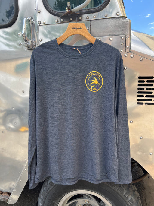 Smolder Blue Patagonia Long-Sleeve Capilene Cool Daily Shirt featuring the circular Golden Fly Shop logo on the left chest.