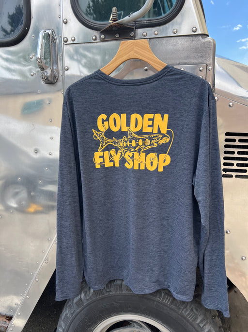 Back view of the Smolder Blue Patagonia L/S Cap Cool Daily Shirt showing the yellow Golden Fly Shop Cutty Shark graphic.