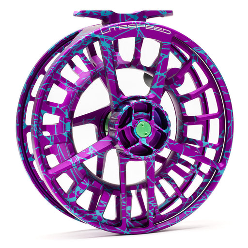 Lamson Litespeed M Series Wild Child Special Edition fly reel showcasing the custom splash-anodized purple and blue finish with a skeletonized large arbor spool design