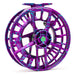 Lamson Litespeed M Series Wild Child Special Edition fly reel showcasing the custom splash-anodized purple and blue finish with a skeletonized large arbor spool design