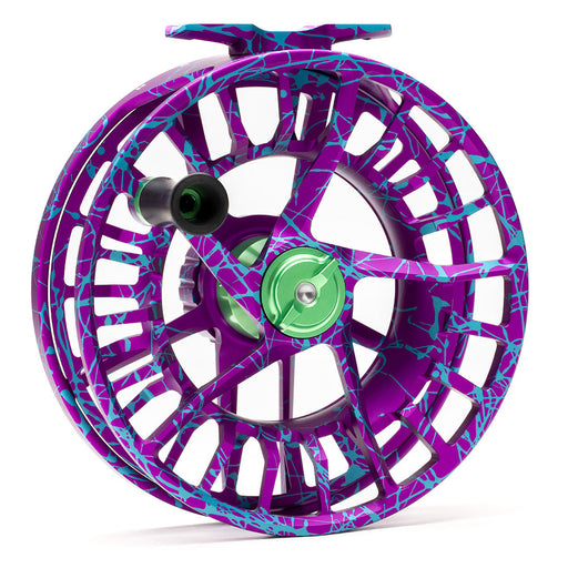 Angled profile view of the Lamson Litespeed M Wild Child Special Edition fly reel highlighting the close-tolerance saltwater frame geometry