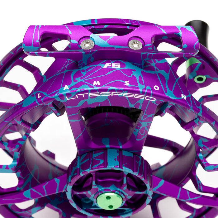 Back view of the Lamson Litespeed F Wild Child Special Edition fly reel showcasing the sealed Conical Drag System housing and skeletonized frame architecture