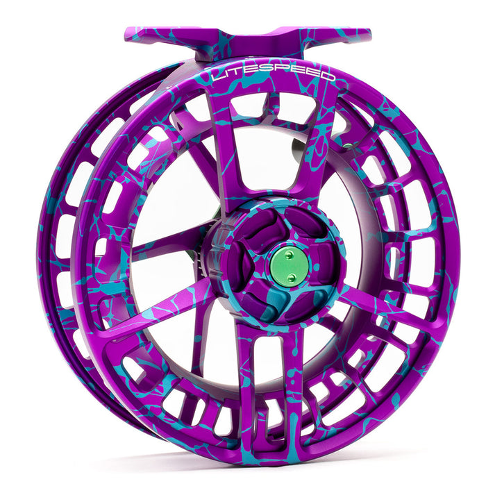 Lamson Litespeed F Series Wild Child Special Edition fly reel showcasing the custom splash-anodized purple and blue finish and skeletonized large arbor spool layout