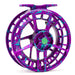 Lamson Litespeed F Series Wild Child Special Edition fly reel showcasing the custom splash-anodized purple and blue finish and skeletonized large arbor spool layout