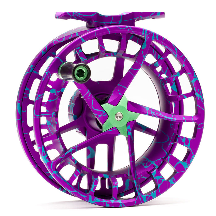 Angled profile of the Lamson Litespeed F Wild Child Special Edition fly reel highlighting the ultra-lightweight CNC aerospace-grade aluminum machining