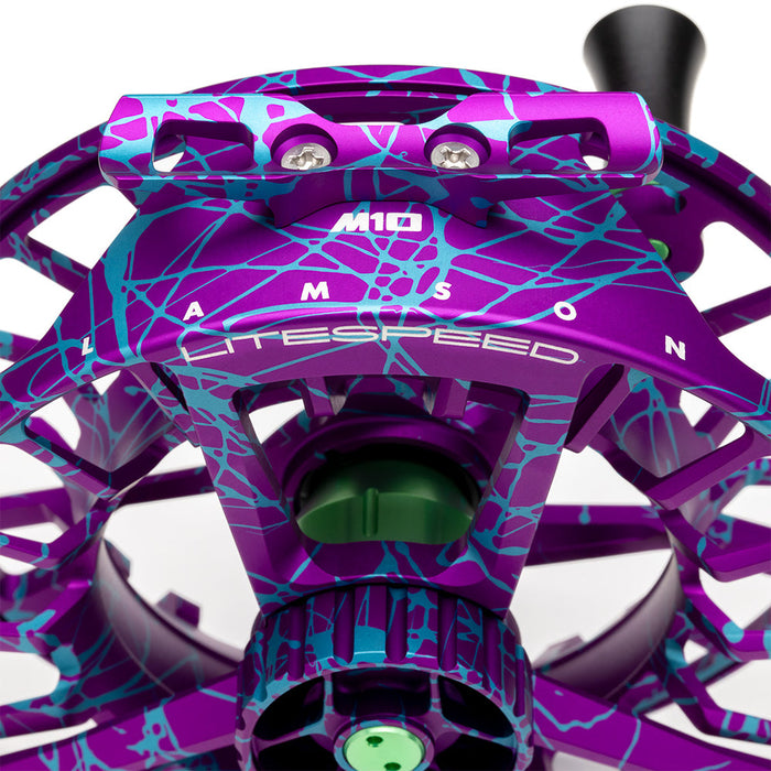 Back view of the Lamson Litespeed M Wild Child Special Edition fly reel showcasing the fully sealed Cobalt marine drag system housing