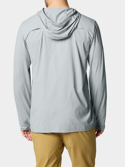 Back view of the Duck Camp Hybrid Guide Hoodie in Highrise grey highlighting the low-profile ventilated upper back.