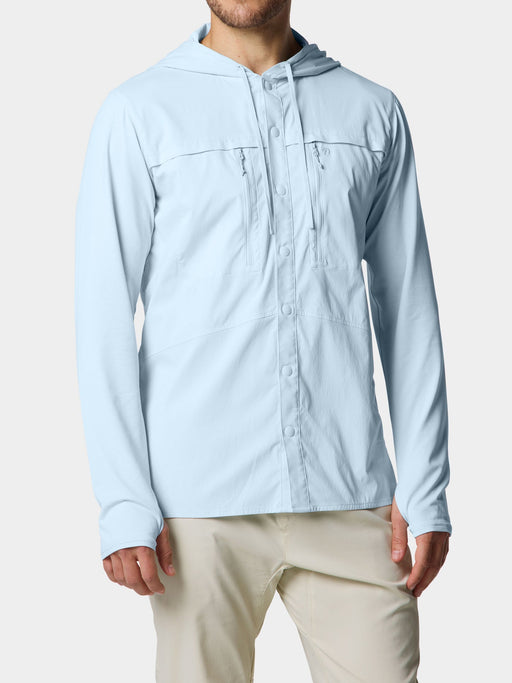 Ice Water light blue Duck Camp Hybrid Guide Hoodie showing the front snap buttons and zippered chest pockets.