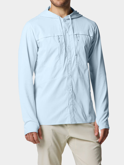 Ice Water light blue Duck Camp Hybrid Guide Hoodie showing the front snap buttons and zippered chest pockets.