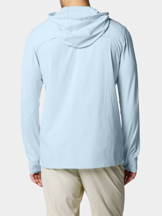 Back view of the Duck Camp Hybrid Guide Hoodie in Ice Water blue highlighting the low-profile ventilated upper back.