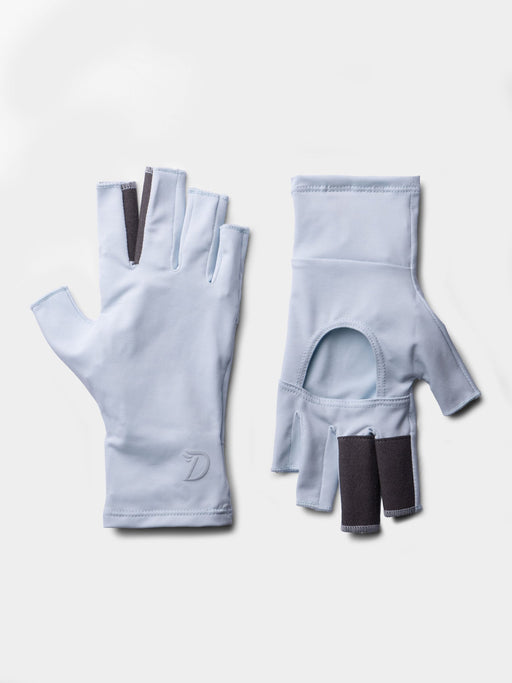 Ice Water blue Duck Camp Brrr Rockport Sun Glove showing the technical half-finger cutouts and wrist pull tabs.