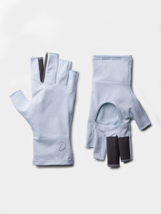 Ice Water blue Duck Camp Brrr Rockport Sun Glove showing the technical half-finger cutouts and wrist pull tabs.