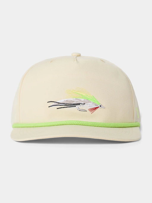 Duck Camp Clouser Fly Hat in ivory with embroidered chartreuse and white minnow fly