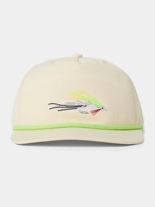 Duck Camp Clouser Fly Hat in ivory with embroidered chartreuse and white minnow fly