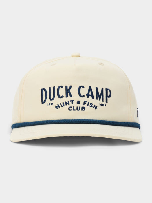 Beige cap with 'Duck Camp Hunt & Fish Club' text on a white background